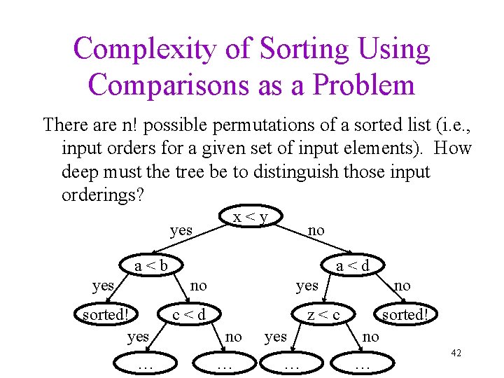 Complexity of Sorting Using Comparisons as a Problem There are n! possible permutations of