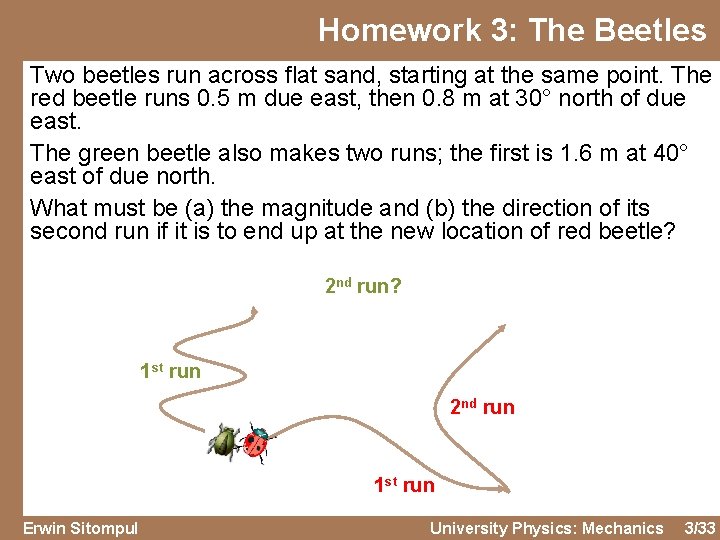 Homework 3: The Beetles Two beetles run across flat sand, starting at the same