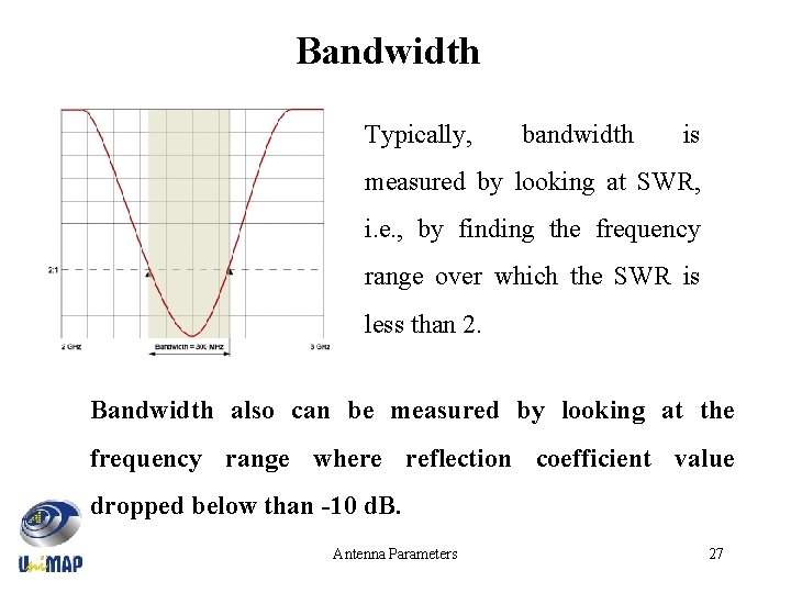 Bandwidth Typically, bandwidth is measured by looking at SWR, i. e. , by finding
