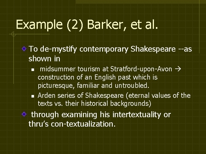 Example (2) Barker, et al. To de-mystify contemporary Shakespeare --as shown in n n