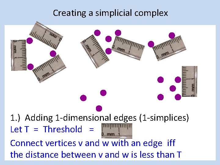 Creating a simplicial complex 1. ) Adding 1 -dimensional edges (1 -simplices) Let T