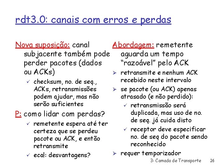 rdt 3. 0: canais com erros e perdas Nova suposição: canal Abordagem: remetente subjacente