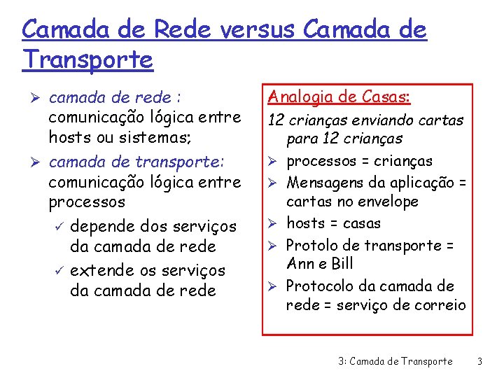 Camada de Rede versus Camada de Transporte Ø camada de rede : comunicação lógica