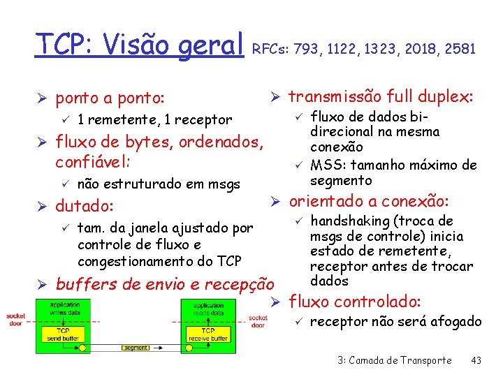 TCP: Visão geral RFCs: 793, 1122, 1323, 2018, 2581 Ø transmissão full duplex: ü
