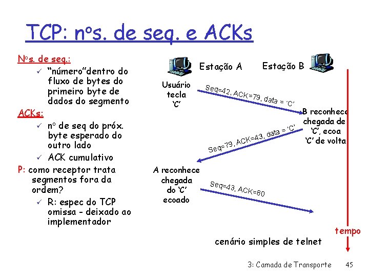 TCP: nos. de seq. e ACKs Nos. de seq. : ü “número”dentro do fluxo