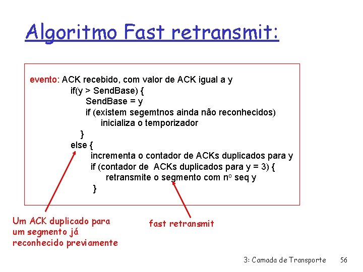 Algoritmo Fast retransmit: evento: ACK recebido, com valor de ACK igual a y if(y
