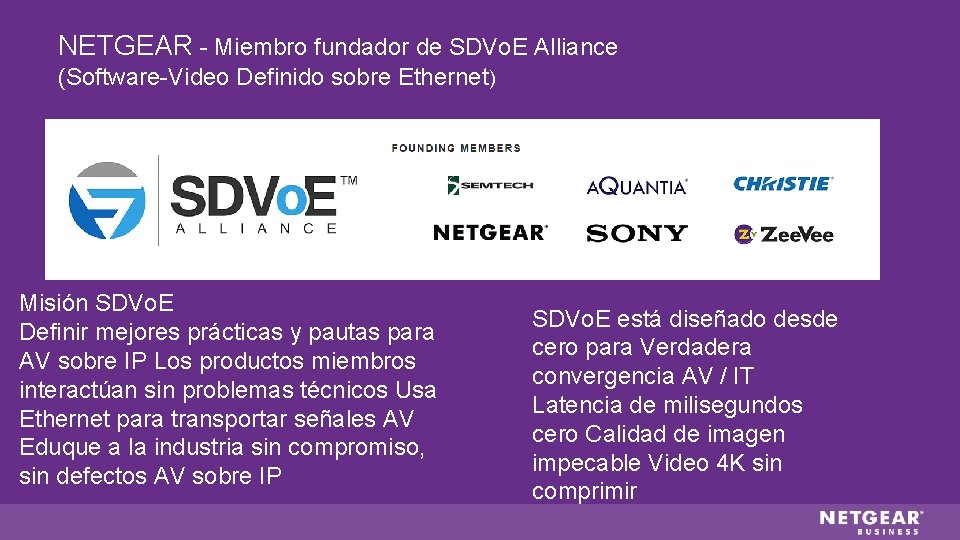 NETGEAR - Miembro fundador de SDVo. E Alliance (Software-Video Definido sobre Ethernet) Misión SDVo.