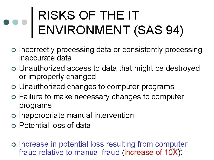 RISKS OF THE IT ENVIRONMENT (SAS 94) ¢ ¢ ¢ ¢ Incorrectly processing data
