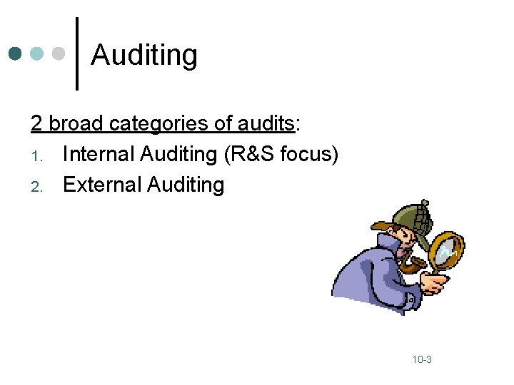 Auditing 2 broad categories of audits: 1. Internal Auditing (R&S focus) 2. External Auditing