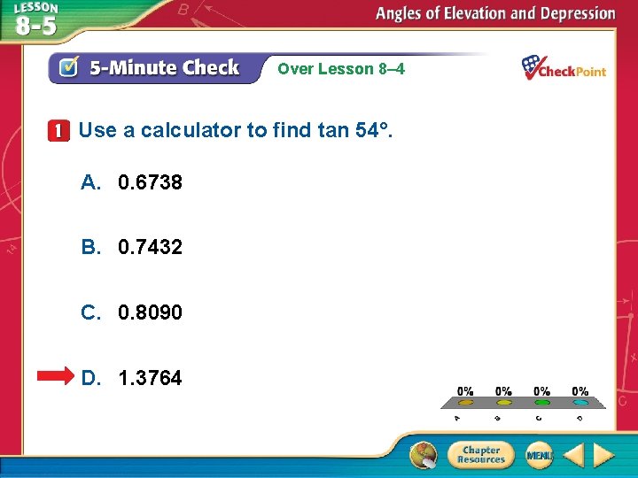 Over Lesson 8– 4 Use a calculator to find tan 54°. A. 0. 6738