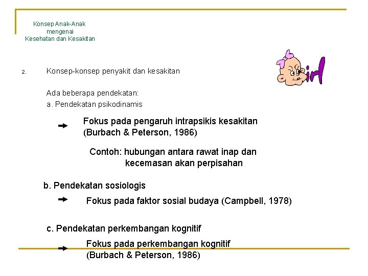 Konsep Anak-Anak mengenai Kesehatan dan Kesakitan 2. Konsep-konsep penyakit dan kesakitan Ada beberapa pendekatan: