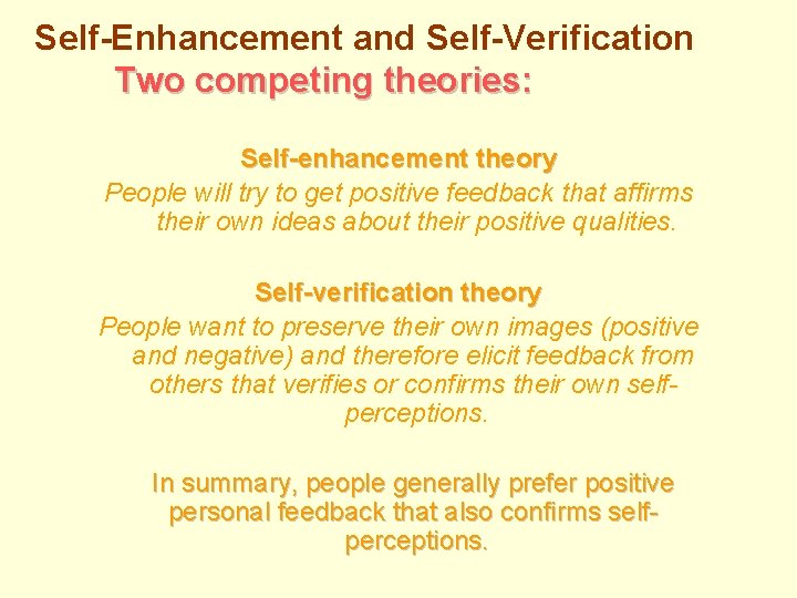 Self-Enhancement and Self-Verification Two competing theories: Self-enhancement theory People will try to get positive