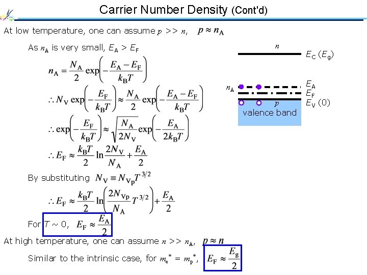 Carrier Number Density (Cont'd) At low temperature, one can assume p >> n, n