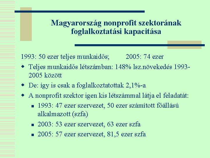 Magyarország nonprofit szektorának foglalkoztatási kapacitása 1993: 50 ezer teljes munkaidős; 2005: 74 ezer w