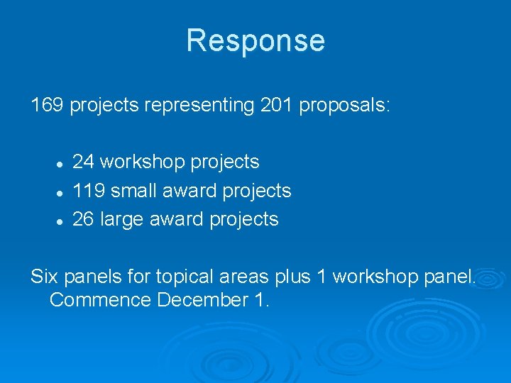 Response 169 projects representing 201 proposals: l l l 24 workshop projects 119 small