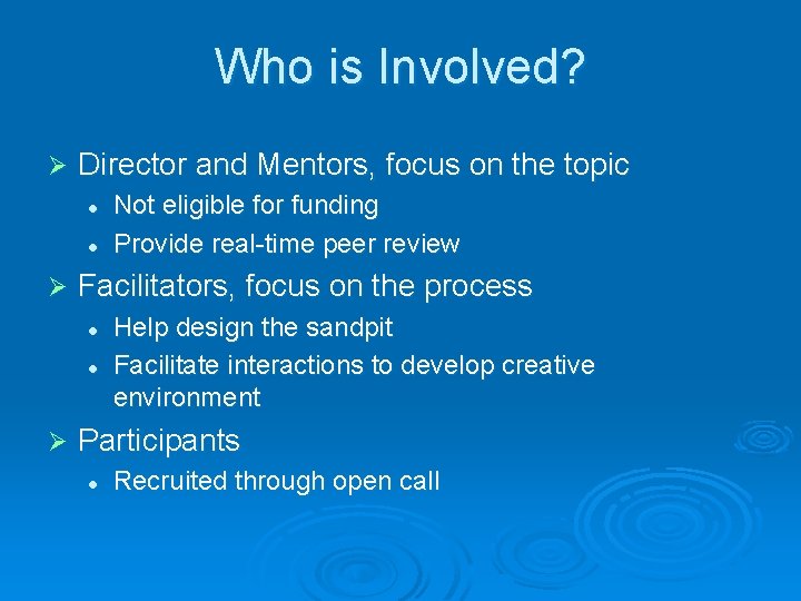 Who is Involved? Ø Director and Mentors, focus on the topic l l Ø