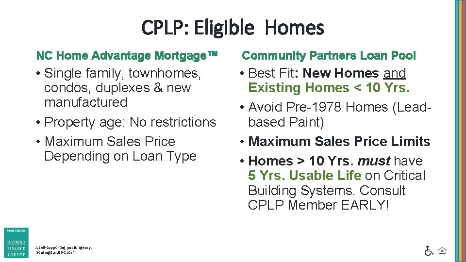 CPLP: Eligible Homes NC Home Advantage Mortgage™ Community Partners Loan Pool • Single family,