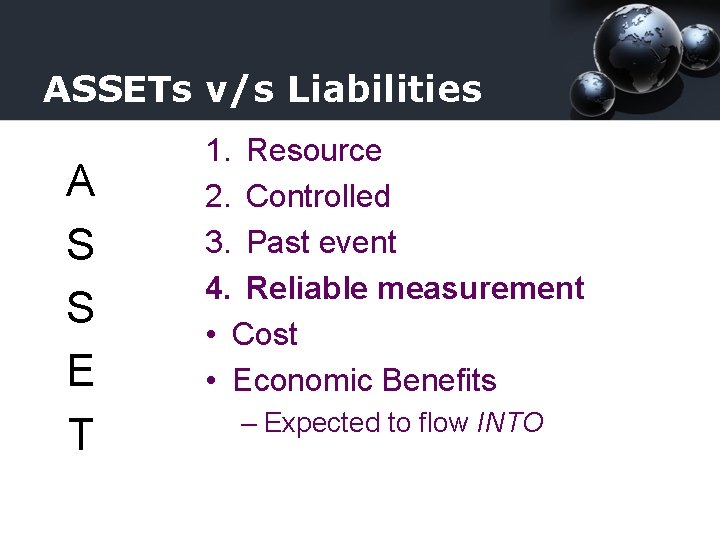 ASSETs v/s Liabilities A S S E T 1. Resource 2. Controlled 3. Past