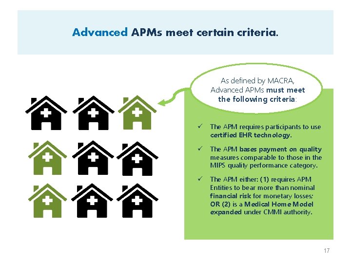 Advanced APMs meet certain criteria. As defined by MACRA, Advanced APMs must meet the