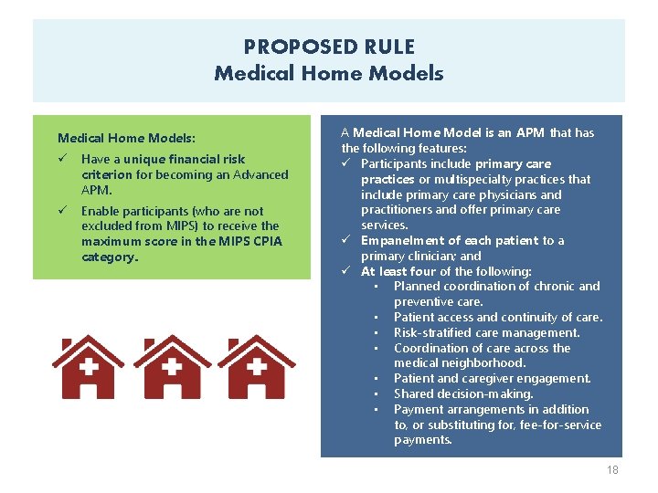 PROPOSED RULE Medical Home Models: ü Have a unique financial risk criterion for becoming