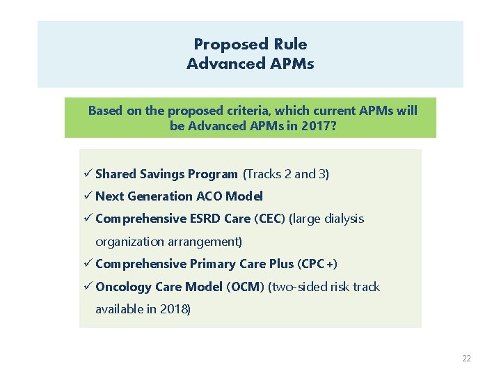 Proposed Rule Advanced APMs Based on the proposed criteria, which current APMs will be