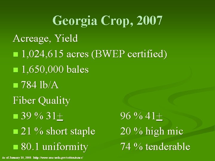 Georgia Crop, 2007 Acreage, Yield n 1, 024, 615 acres (BWEP certified) n 1,