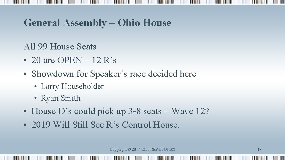 General Assembly – Ohio House All 99 House Seats • 20 are OPEN –