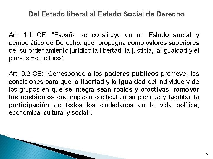 Del Estado liberal al Estado Social de Derecho Art. 1. 1 CE: “España se