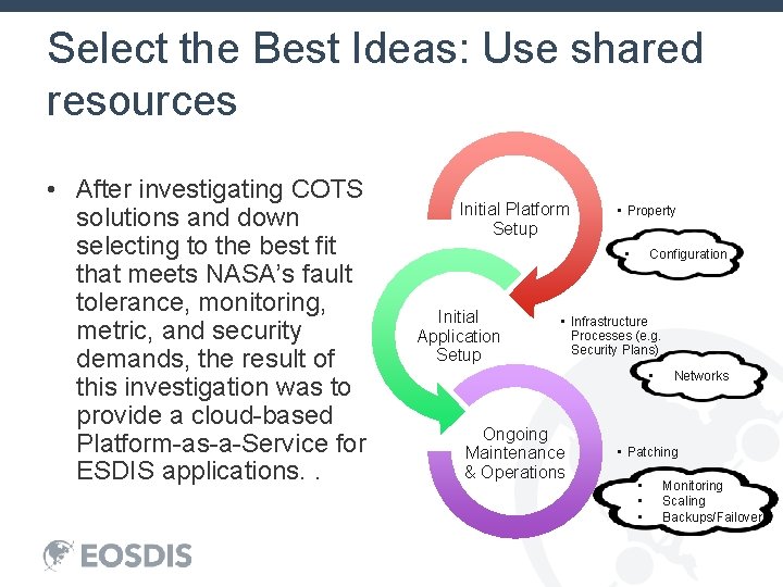 Select the Best Ideas: Use shared resources • After investigating COTS solutions and down