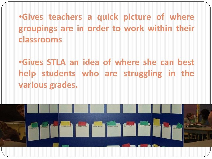  • Gives teachers a quick picture of where groupings are in order to