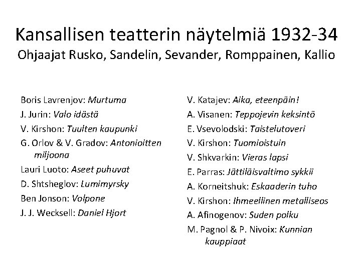 Kansallisen teatterin näytelmiä 1932 -34 Ohjaajat Rusko, Sandelin, Sevander, Romppainen, Kallio Boris Lavrenjov: Murtuma