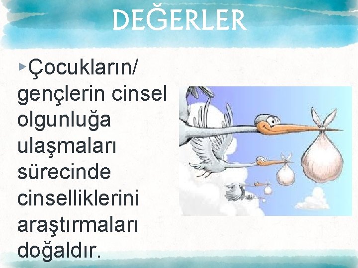 DEĞERLER ▸Çocukların/ gençlerin cinsel olgunluğa ulaşmaları sürecinde cinselliklerini araştırmaları doğaldır. 