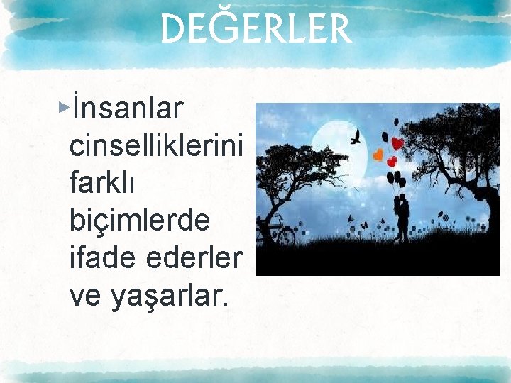 DEĞERLER ▸İnsanlar cinselliklerini farklı biçimlerde ifade ederler ve yaşarlar. 