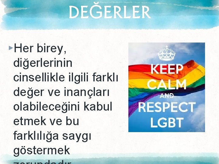 DEĞERLER ▸Her birey, diğerlerinin cinsellikle ilgili farklı değer ve inançları olabileceğini kabul etmek ve