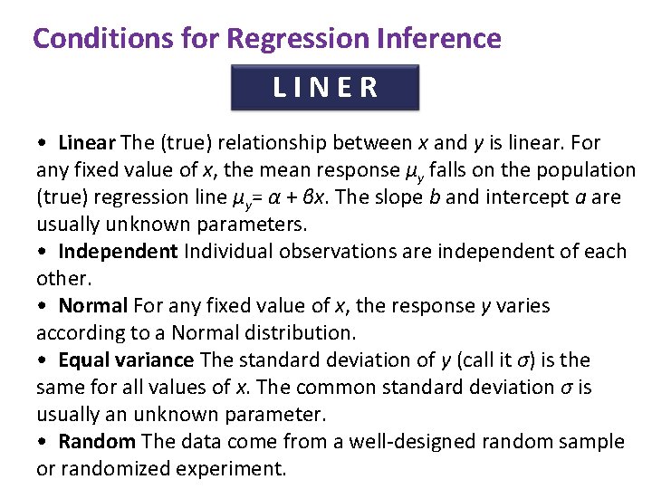 Conditions for Regression Inference LINER • Linear The (true) relationship between x and y