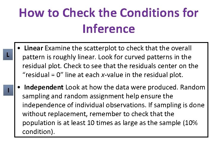 How to Check the Conditions for Inference L I • Linear Examine the scatterplot