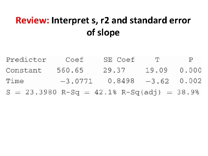 Review: Interpret s, r 2 and standard error of slope 