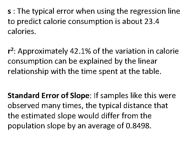 s : The typical error when using the regression line to predict calorie consumption