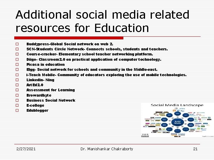 Additional social media related resources for Education o o o o Buddypress-Global Social network