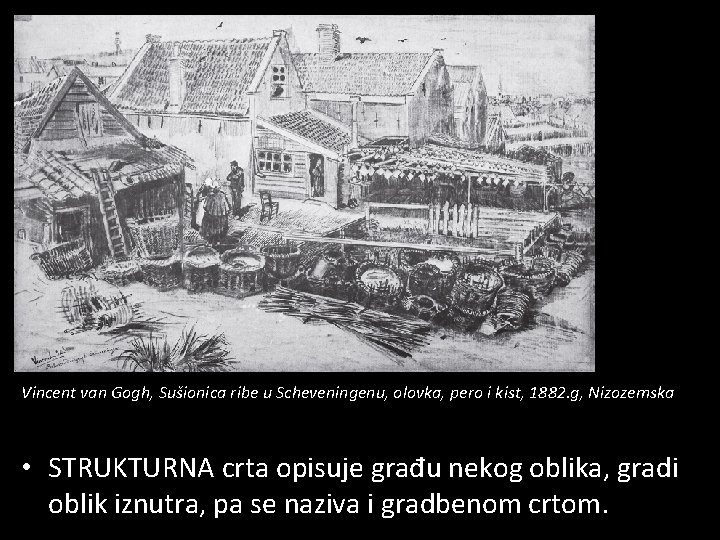 Vincent van Gogh, Sušionica ribe u Scheveningenu, olovka, pero i kist, 1882. g, Nizozemska