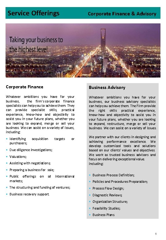 Service Offerings Corporate Finance & Advisory Corporate Finance Business Advisory Whatever ambitions you have