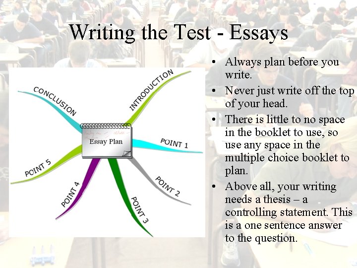 Writing the Test - Essays • Always plan before you write. • Never just