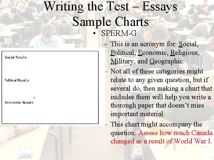 Writing the Test – Essays Sample Charts • SPERM-G – This is an acronym