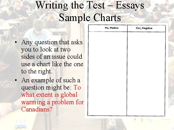 Writing the Test – Essays Sample Charts • Any question that asks you to