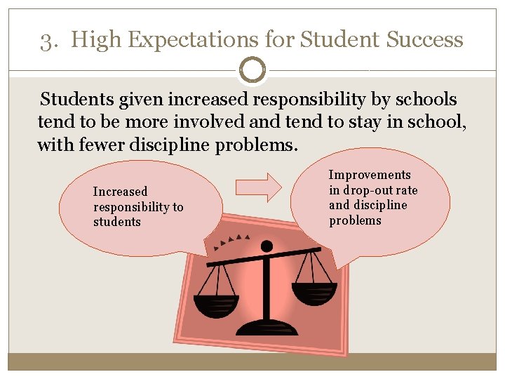 3. High Expectations for Student Success Students given increased responsibility by schools tend to