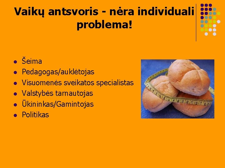 Vaikų antsvoris - nėra individuali problema! l l l Šeima Pedagogas/auklėtojas Visuomenės sveikatos specialistas