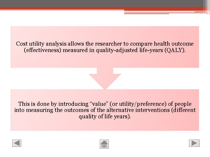Cost utility analysis allows the researcher to compare health outcome (effectiveness) measured in quality-adjusted