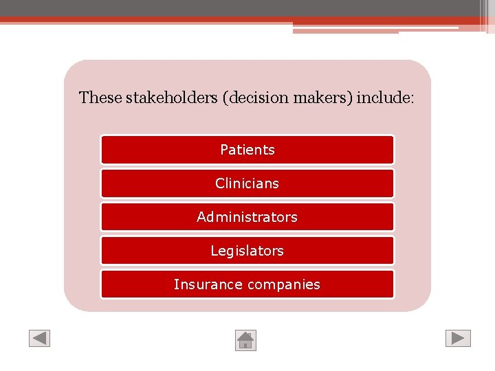 These stakeholders (decision makers) include: Patients Clinicians Administrators Legislators Insurance companies 