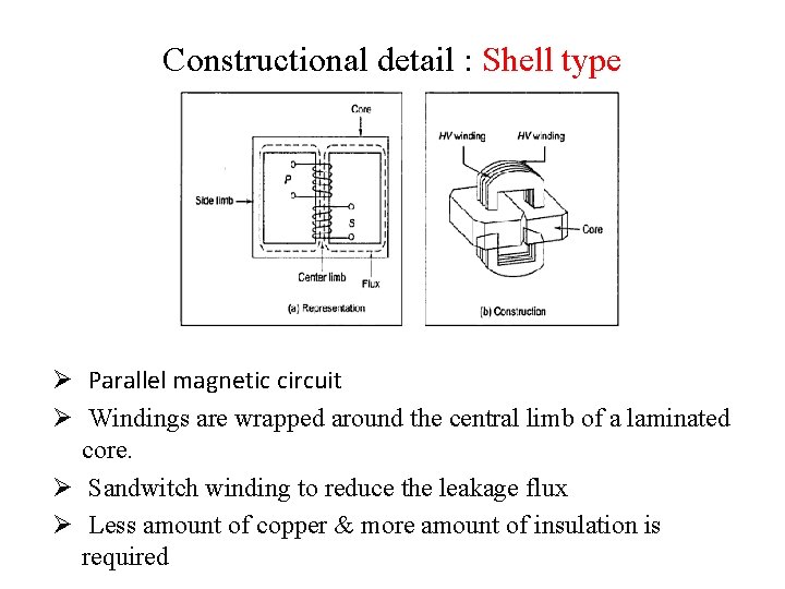Constructional detail : Shell type Ø Parallel magnetic circuit Ø Windings are wrapped around