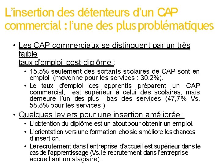 L’insertion des détenteurs d’un CAP commercial : l’une des plus problématiques • Les CAP L’insertion des détenteurs d’un CAP commercial : l’une des plus problématiques • Les CAP